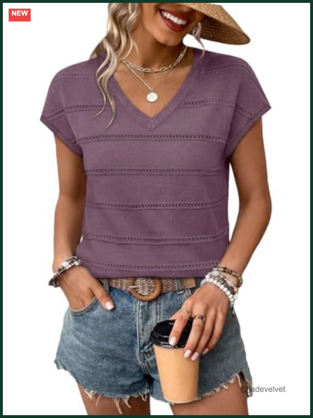 WIHOLL Women's V-Neck Knit Top Hollow-Out Detail Short Sleeve Sweater Blouse